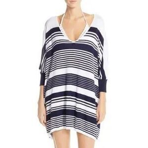 Tommy Bahama women knit top tunic coverup white/blue v-neck size L